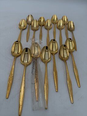 Florentine Gold Plated Textured Handle Dinner Spoons Set Of 16 MCM Flatware